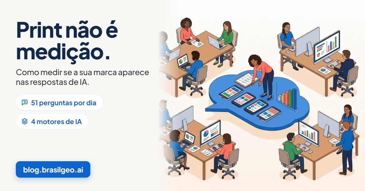 Ilustração de equipe comparando telas de assistentes de IA com checklist e gráfico: print não é medição