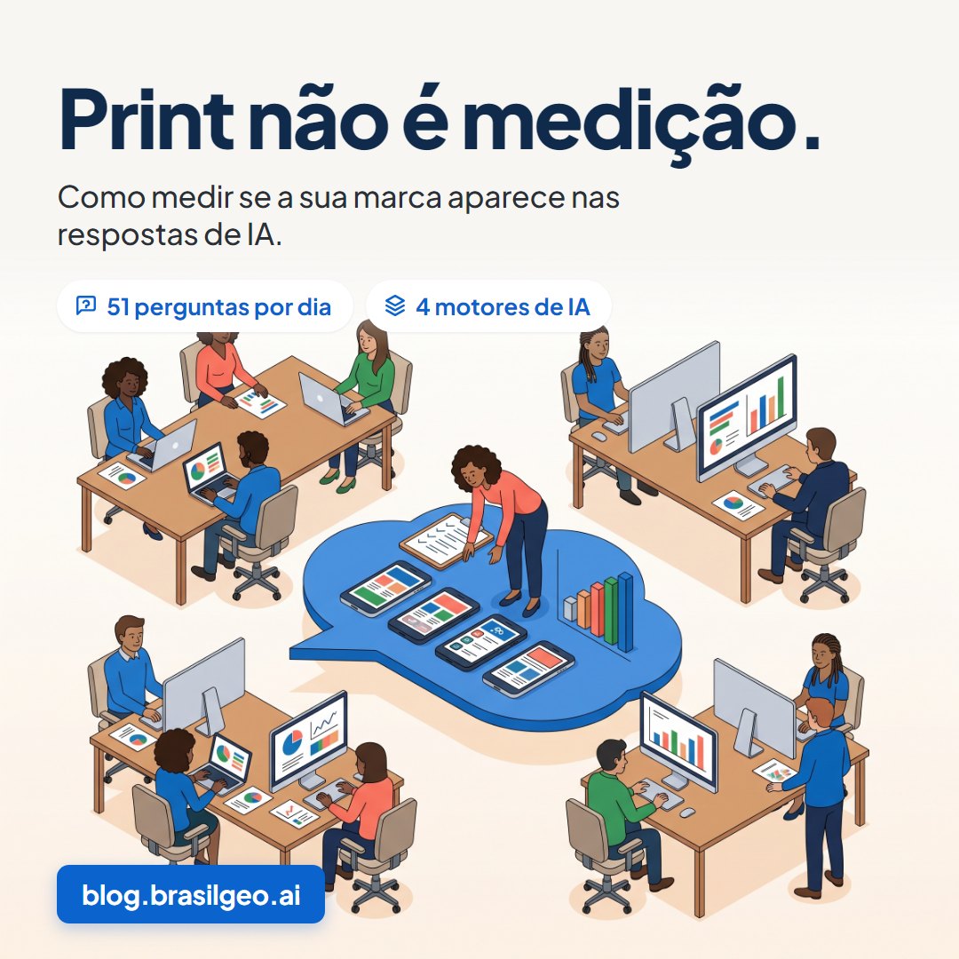 Ilustração de equipe comparando telas de assistentes de IA com checklist e gráfico: print não é medição